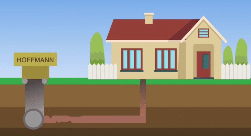 An illustration depicting a house with a degrading pipe running underground out to the street.