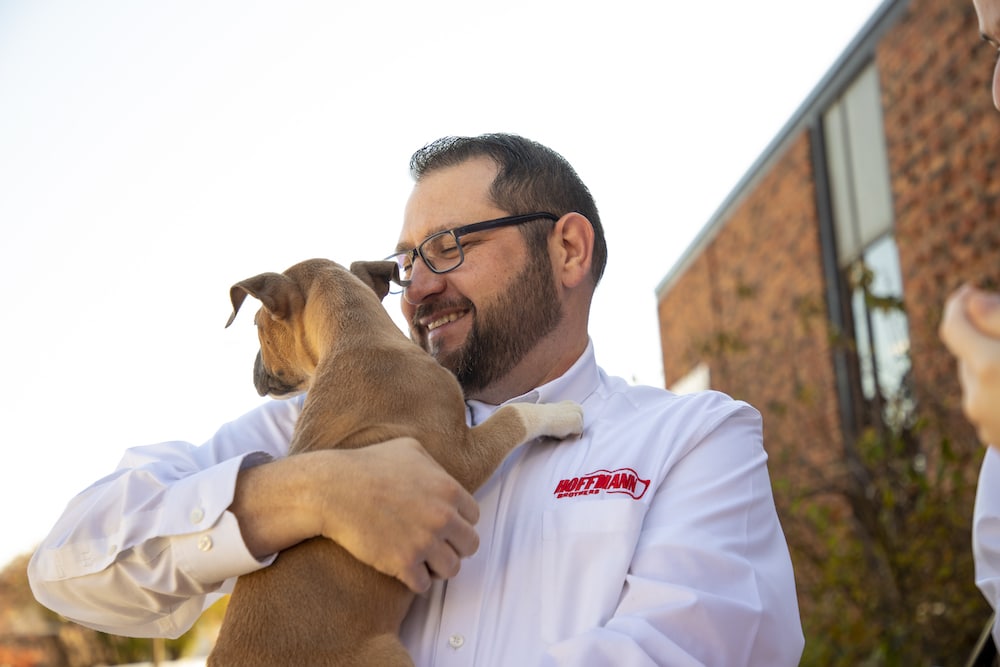 Hoffmann employee playing with dog at wags and walks event