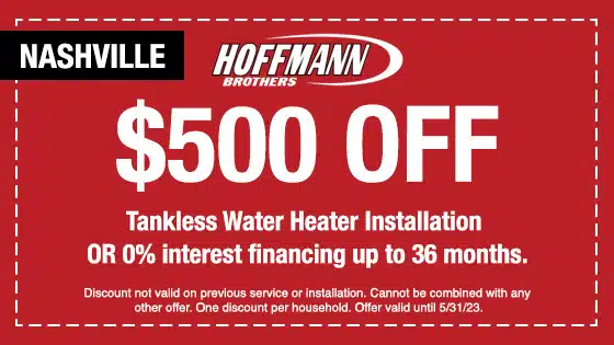 Coupon for $500 Off Tankless Water Heater Installation in Nashville