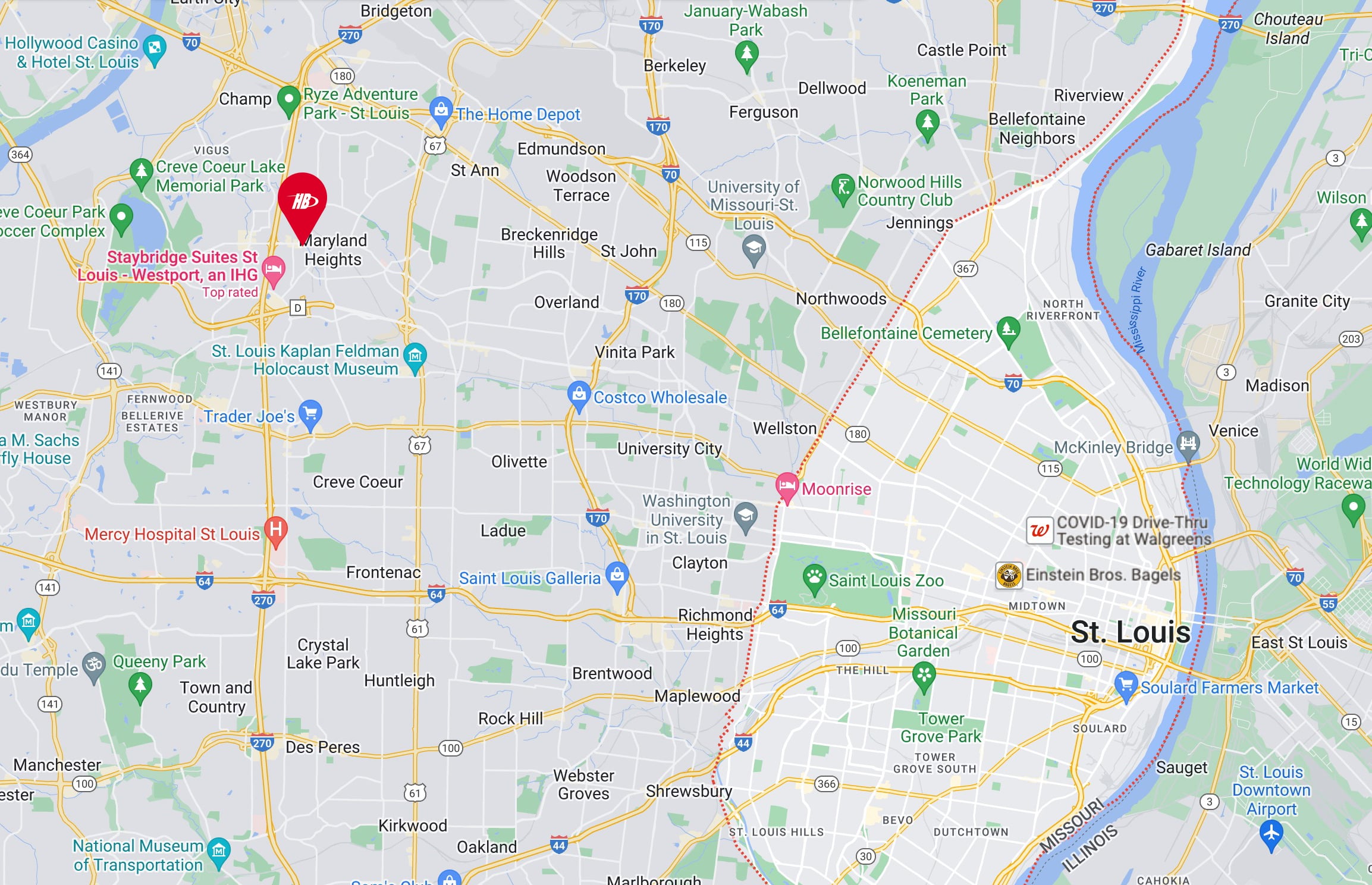 map showing approximate location of the hoffmann brothers headquarters in Maryland Heights