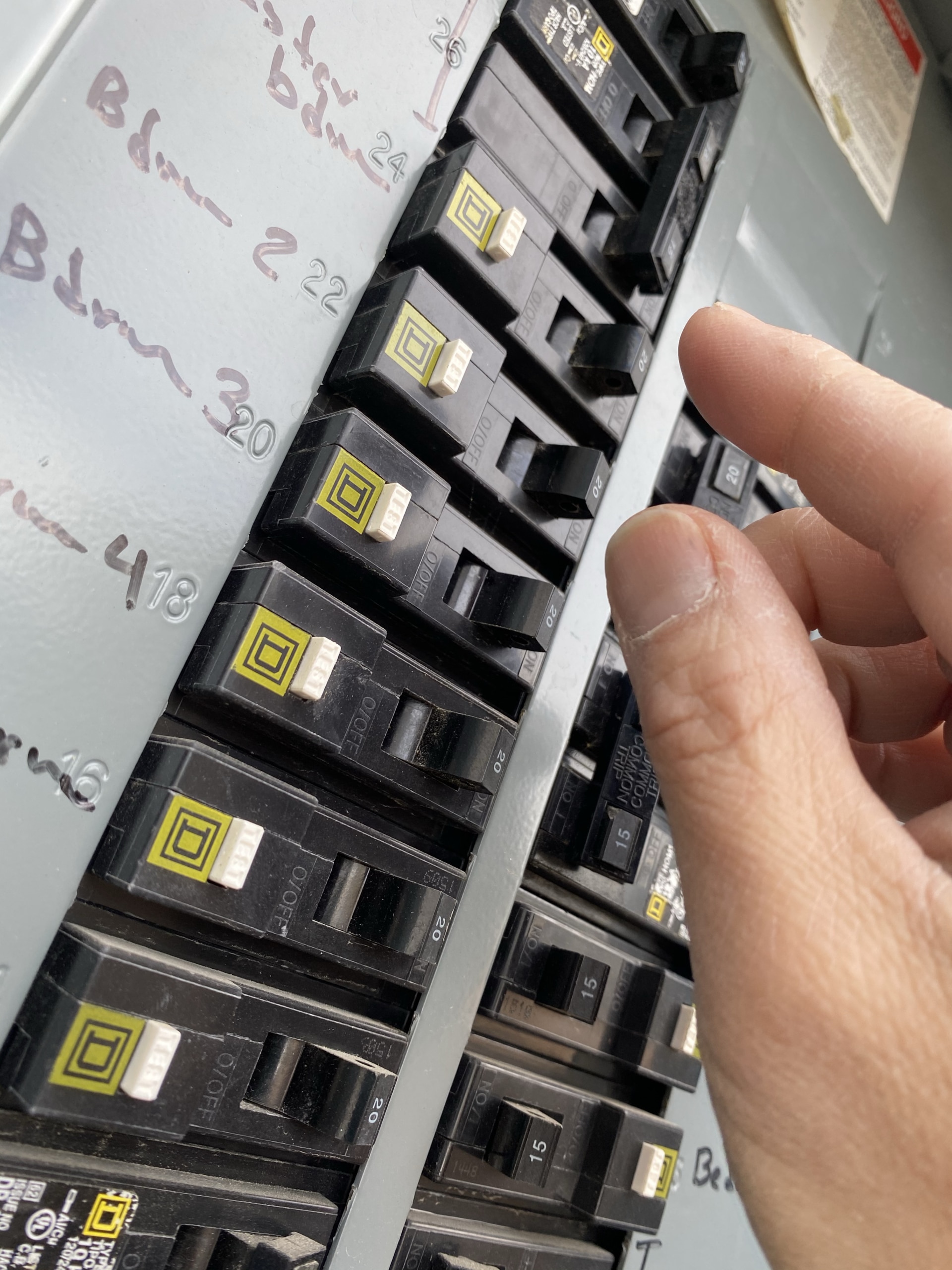 Residential electrical panel with labeled circuits