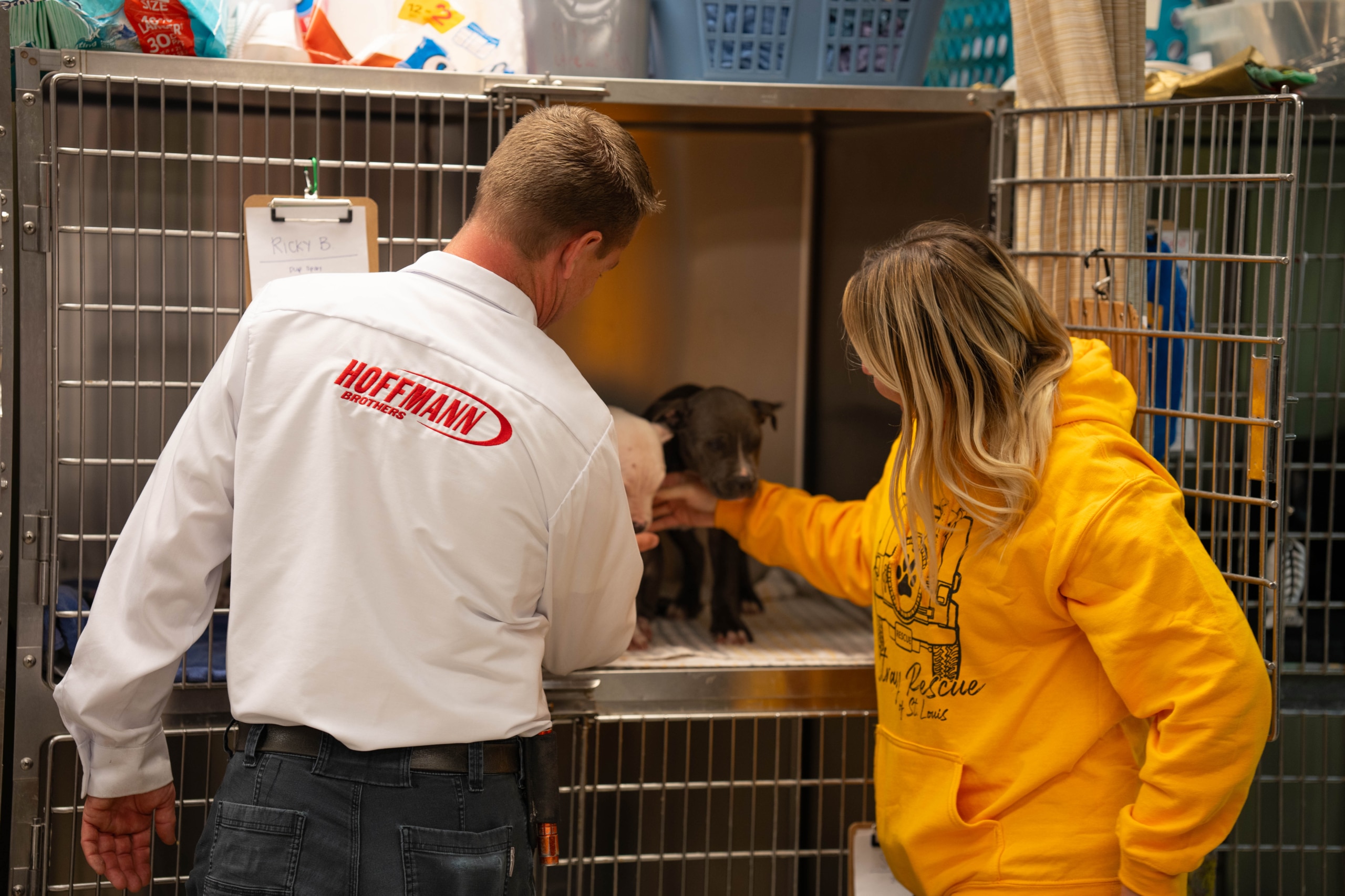 Hoffmann Brothers and Stray Rescue Team members petting pupping in a kennel