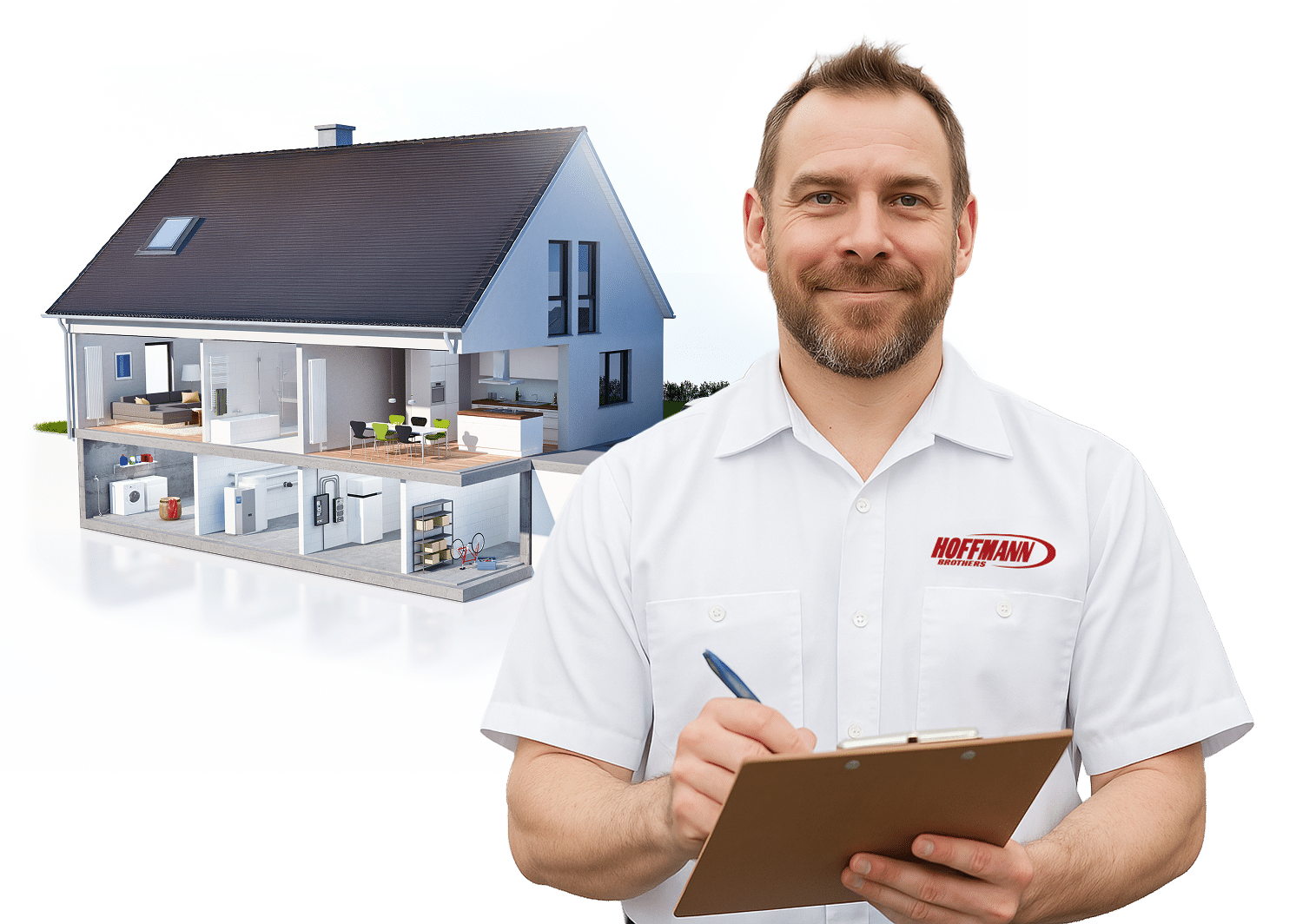 A smiling, bearded technician in a white short-sleeved work shirt embroidered with “Hoffmann Brothers” holds a clipboard and pen. Beside him is a 3D cutaway of a modern two-story house: the upper level reveals a living room with sofa, glass-enclosed bathroom, and an open kitchen/dining area with a table and green chairs; the lower level shows a laundry room with washing machine, mechanical equipment (furnace, electrical panel), storage shelves, and a bicycle.